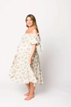 Discount Worth Collective Elena Toile Print Smocked Midi Dress in Ivory - Bump Friendly