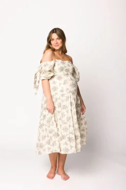 Discount Worth Collective Elena Toile Print Smocked Midi Dress in Ivory - Bump Friendly