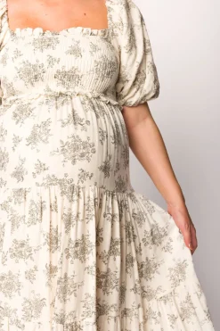 Discount Worth Collective Elena Toile Print Smocked Midi Dress in Ivory - Bump Friendly