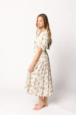 Discount Worth Collective Elena Toile Print Smocked Midi Dress in Ivory - Bump Friendly