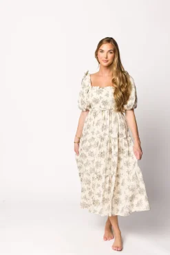 Discount Worth Collective Elena Toile Print Smocked Midi Dress in Ivory - Bump Friendly