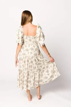 Discount Worth Collective Elena Toile Print Smocked Midi Dress in Ivory - Bump Friendly