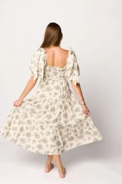Discount Worth Collective Elena Toile Print Smocked Midi Dress in Ivory - Bump Friendly
