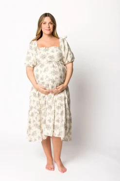 Discount Worth Collective Elena Toile Print Smocked Midi Dress in Ivory - Bump Friendly