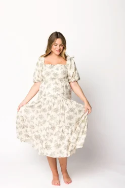 Discount Worth Collective Elena Toile Print Smocked Midi Dress in Ivory - Bump Friendly