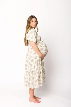 Discount Worth Collective Elena Toile Print Smocked Midi Dress in Ivory - Bump Friendly