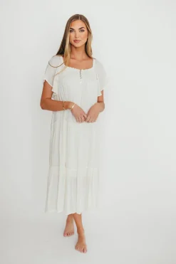 Online Worth Collective Eloise Flutter Sleeve Midi Dress in Off-White