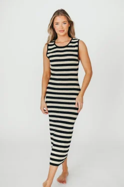 Best Worth Collective Elsie Knit Midi Dress in Black/Natural Stripe
