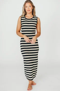Best Worth Collective Elsie Knit Midi Dress in Black/Natural Stripe