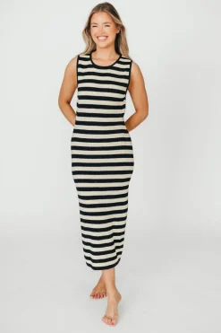 Best Worth Collective Elsie Knit Midi Dress in Black/Natural Stripe