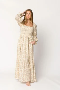 Best Worth Collective Emerson 100% Cotton Gauze Maxi Dress in Natural/Tan Floral - Bump Frie