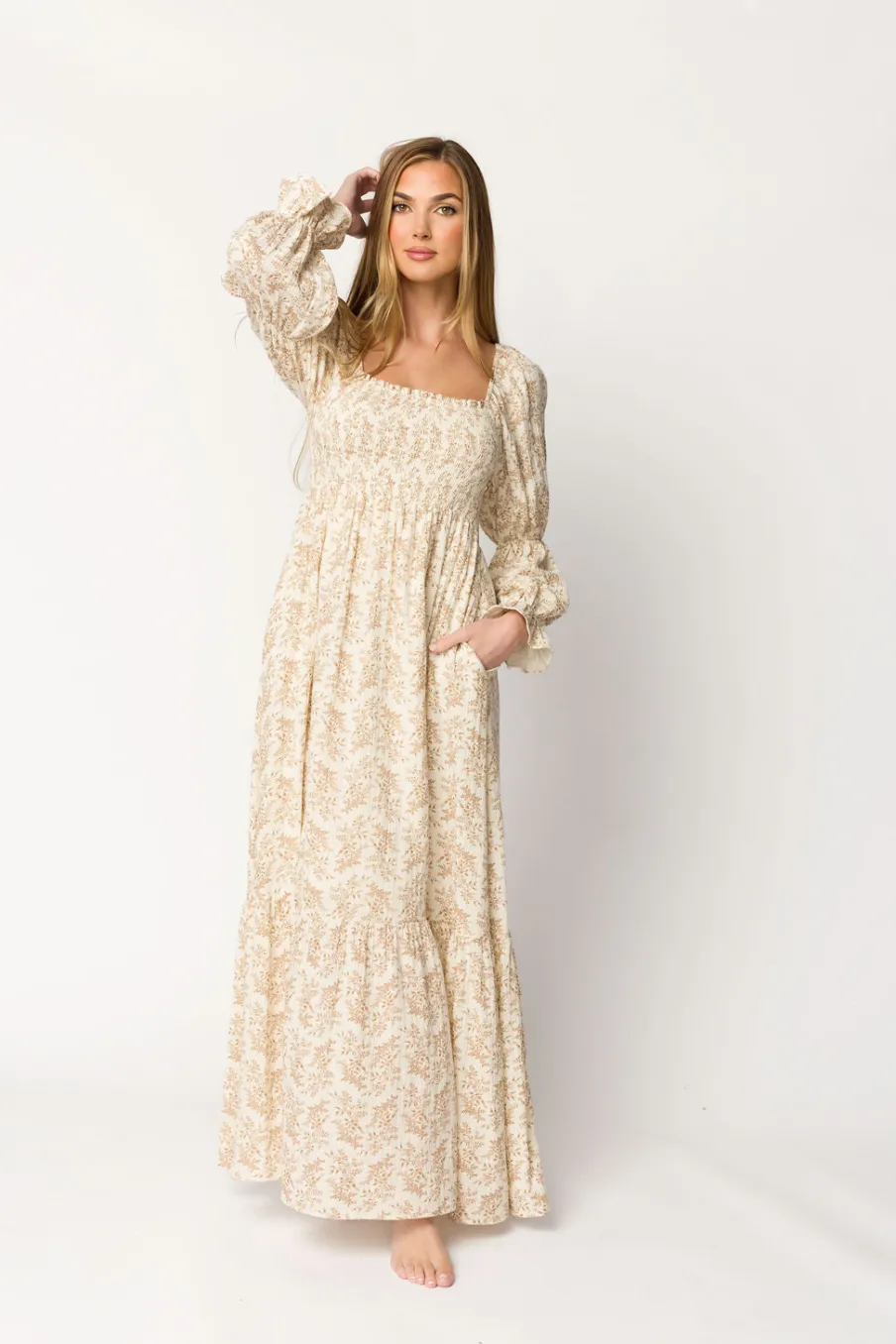 Best Worth Collective Emerson 100% Cotton Gauze Maxi Dress in Natural/Tan Floral - Bump Frie