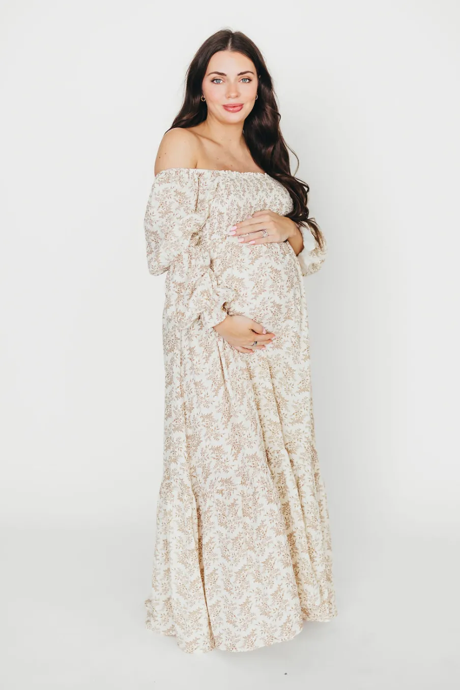Best Worth Collective Emerson 100% Cotton Gauze Maxi Dress in Natural/Tan Floral - Bump Frie