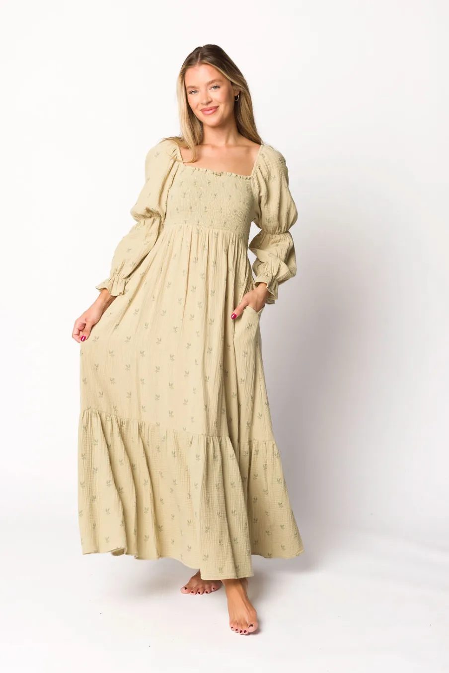 Sale Worth Collective Emerson 100% Cotton Gauze Maxi Dress in Thyme - Bump Friendly
