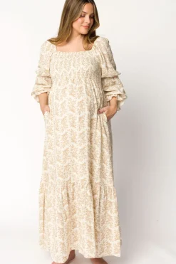 Best Worth Collective Emerson 100% Cotton Gauze Maxi Dress in Natural/Tan Floral - Bump Frie