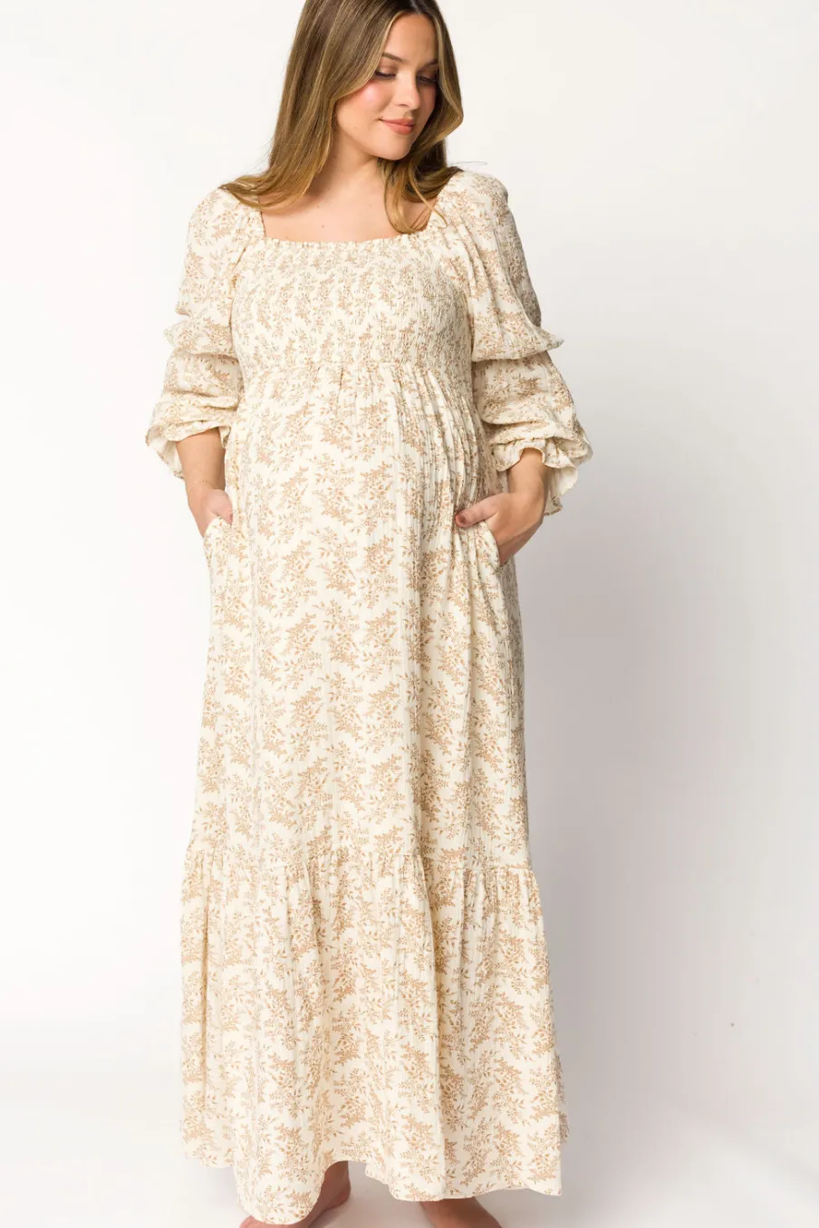 Best Worth Collective Emerson 100% Cotton Gauze Maxi Dress in Natural/Tan Floral - Bump Frie