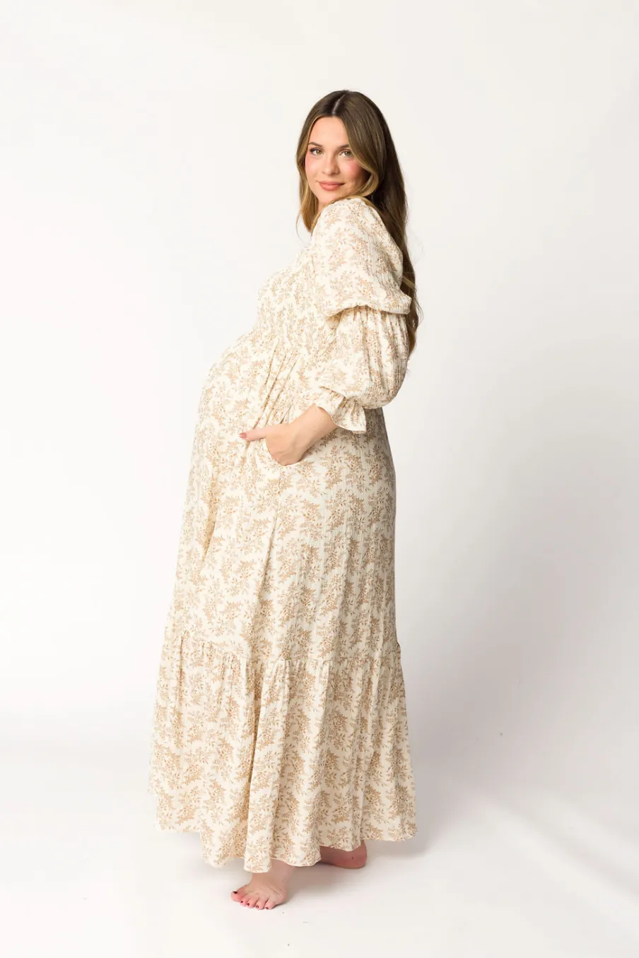 Best Worth Collective Emerson 100% Cotton Gauze Maxi Dress in Natural/Tan Floral - Bump Frie