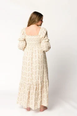 Best Worth Collective Emerson 100% Cotton Gauze Maxi Dress in Natural/Tan Floral - Bump Frie