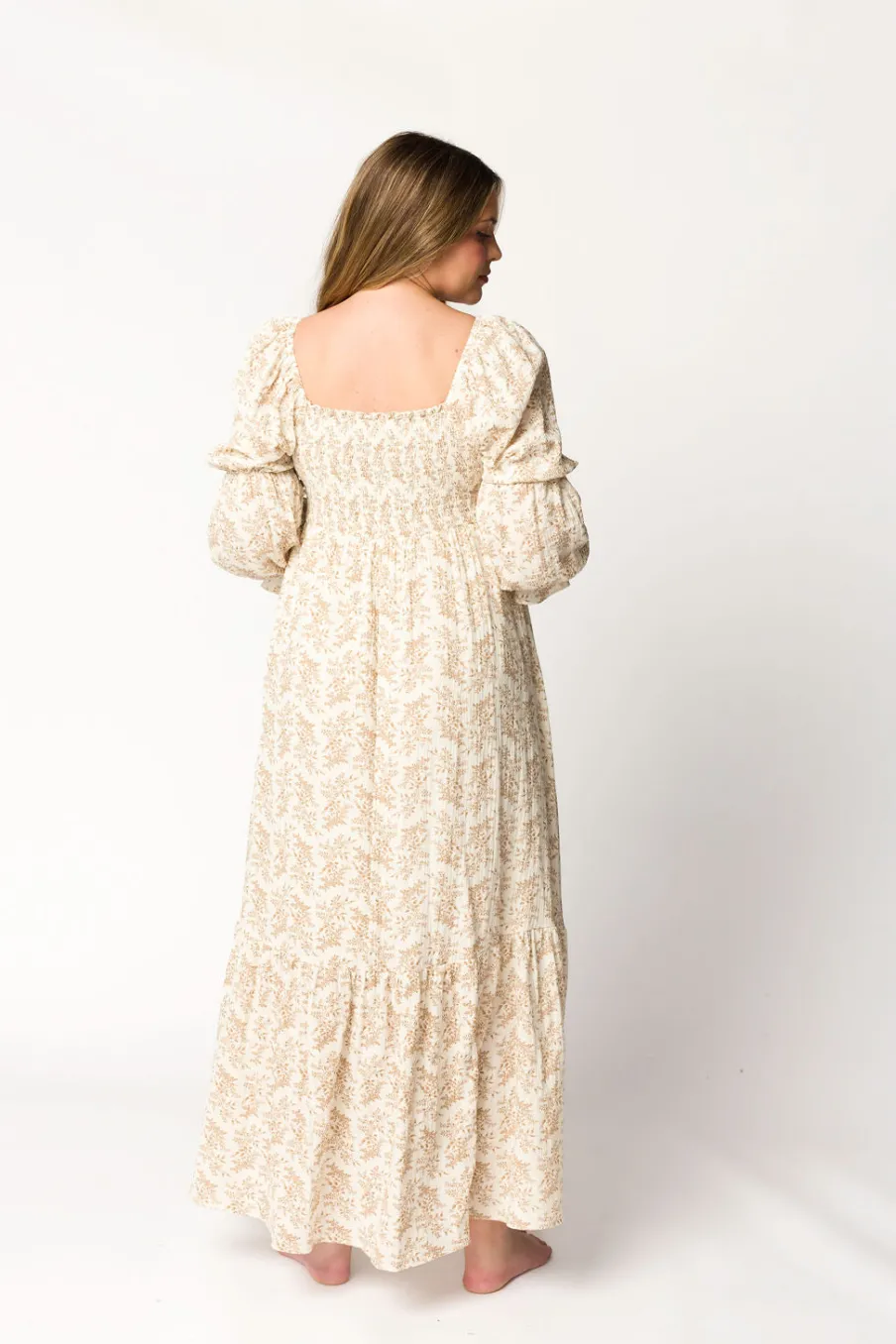 Best Worth Collective Emerson 100% Cotton Gauze Maxi Dress in Natural/Tan Floral - Bump Frie