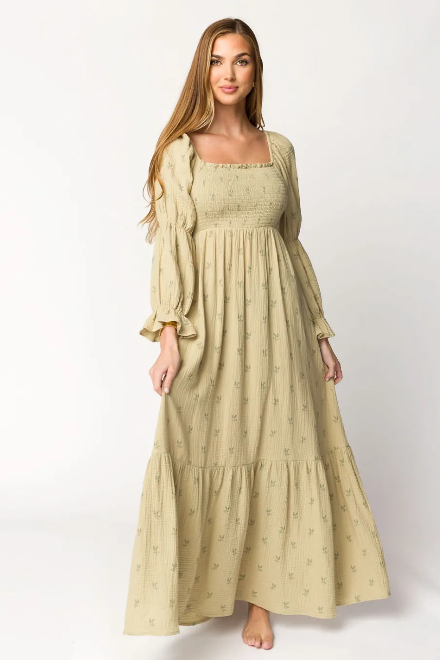 Sale Worth Collective Emerson 100% Cotton Gauze Maxi Dress in Thyme - Bump Friendly