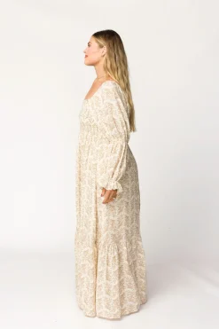 Best Worth Collective Emerson 100% Cotton Gauze Maxi Dress in Natural/Tan Floral - Bump Frie
