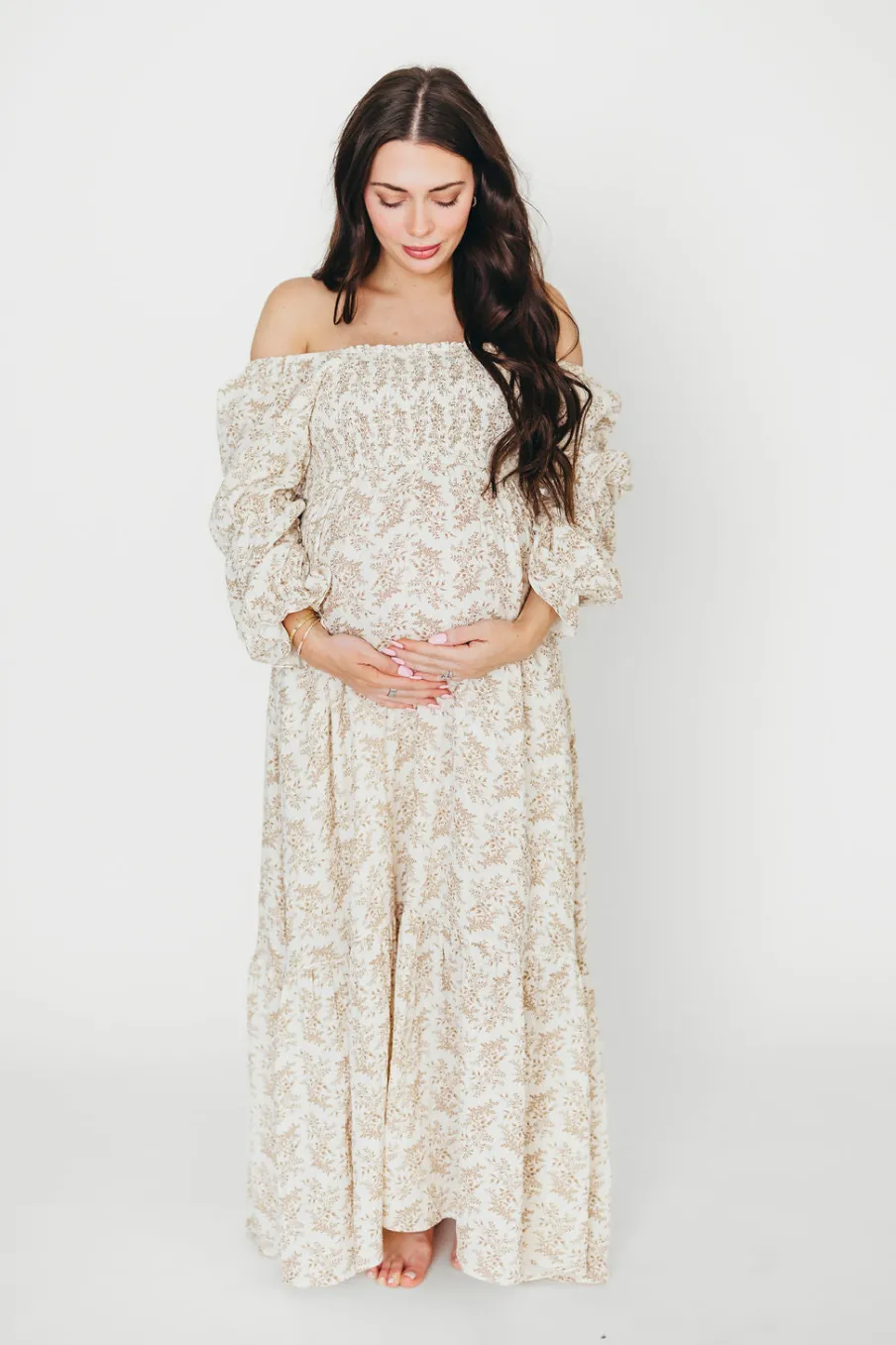 Best Worth Collective Emerson 100% Cotton Gauze Maxi Dress in Natural/Tan Floral - Bump Frie