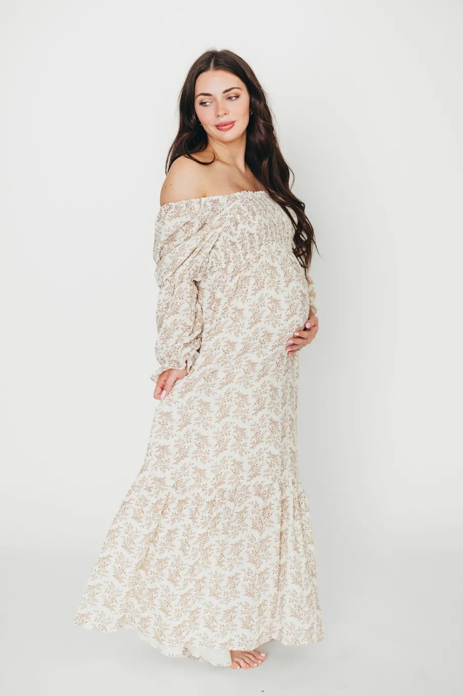 Best Worth Collective Emerson 100% Cotton Gauze Maxi Dress in Natural/Tan Floral - Bump Frie
