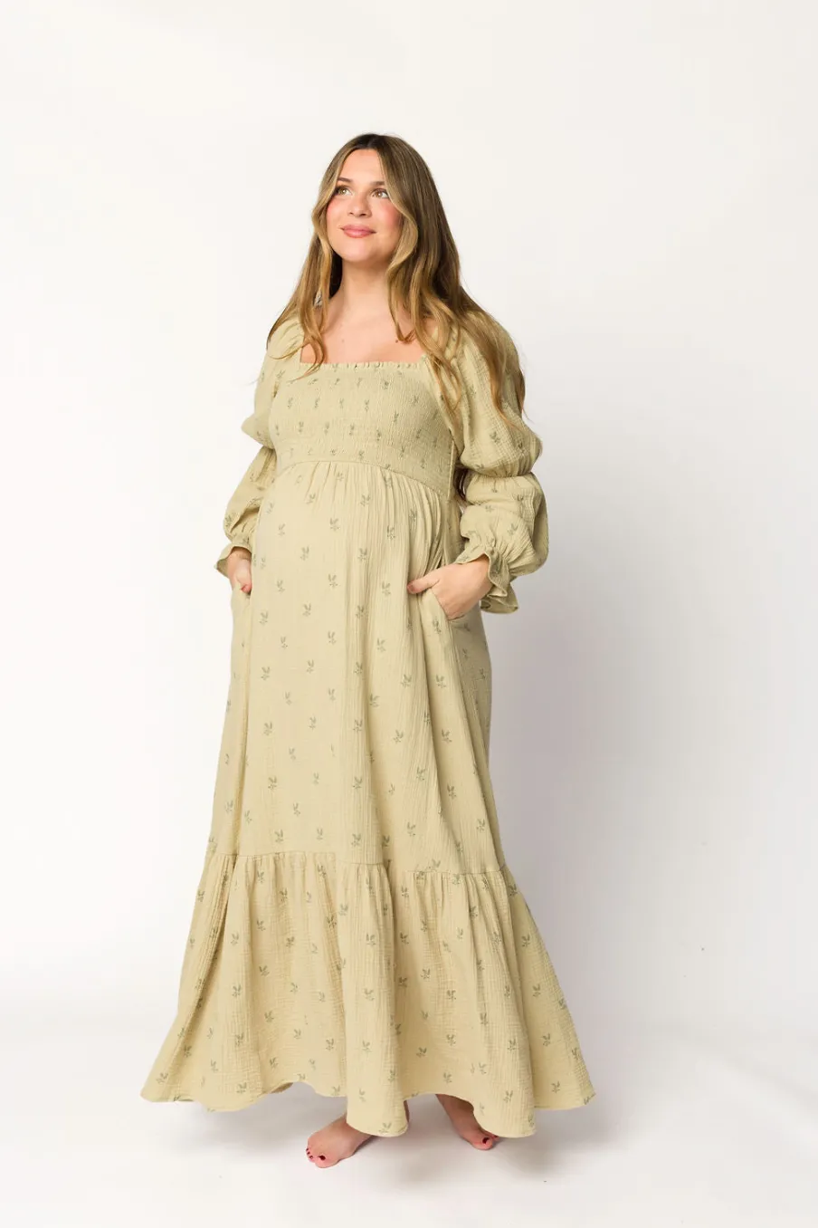 Sale Worth Collective Emerson 100% Cotton Gauze Maxi Dress in Thyme - Bump Friendly