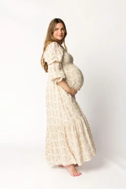 Best Worth Collective Emerson 100% Cotton Gauze Maxi Dress in Natural/Tan Floral - Bump Frie
