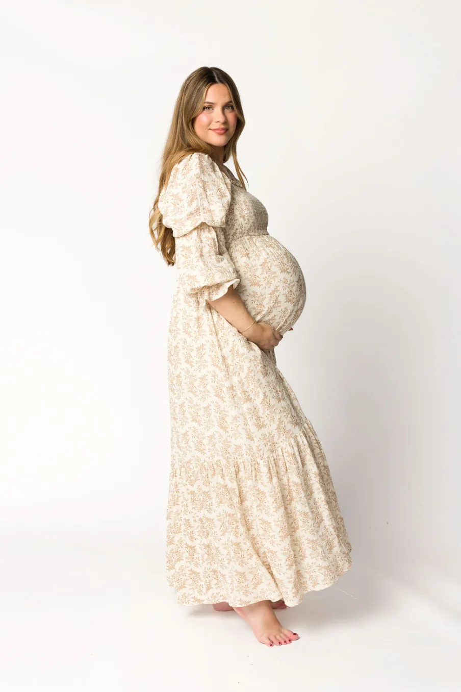 Best Worth Collective Emerson 100% Cotton Gauze Maxi Dress in Natural/Tan Floral - Bump Frie