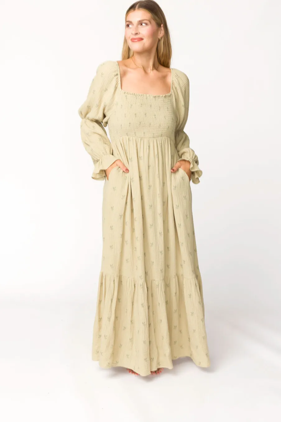 Sale Worth Collective Emerson 100% Cotton Gauze Maxi Dress in Thyme - Bump Friendly