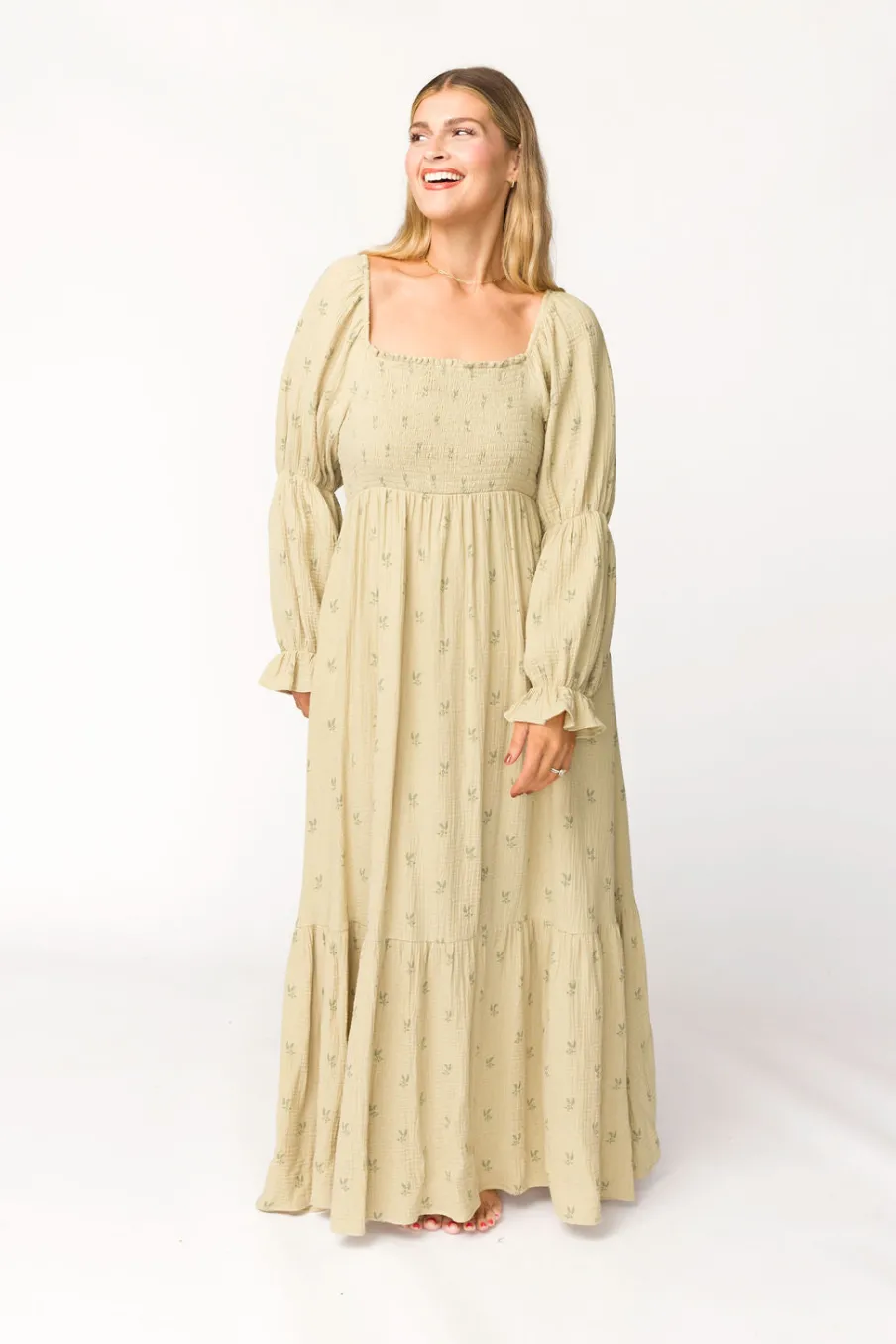 Sale Worth Collective Emerson 100% Cotton Gauze Maxi Dress in Thyme - Bump Friendly