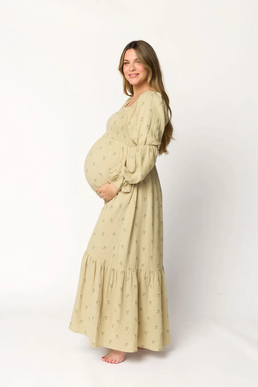 Sale Worth Collective Emerson 100% Cotton Gauze Maxi Dress in Thyme - Bump Friendly
