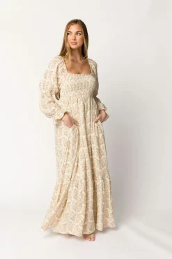 Best Worth Collective Emerson 100% Cotton Gauze Maxi Dress in Natural/Tan Floral - Bump Frie