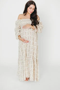 Best Worth Collective Emerson 100% Cotton Gauze Maxi Dress in Natural/Tan Floral - Bump Frie
