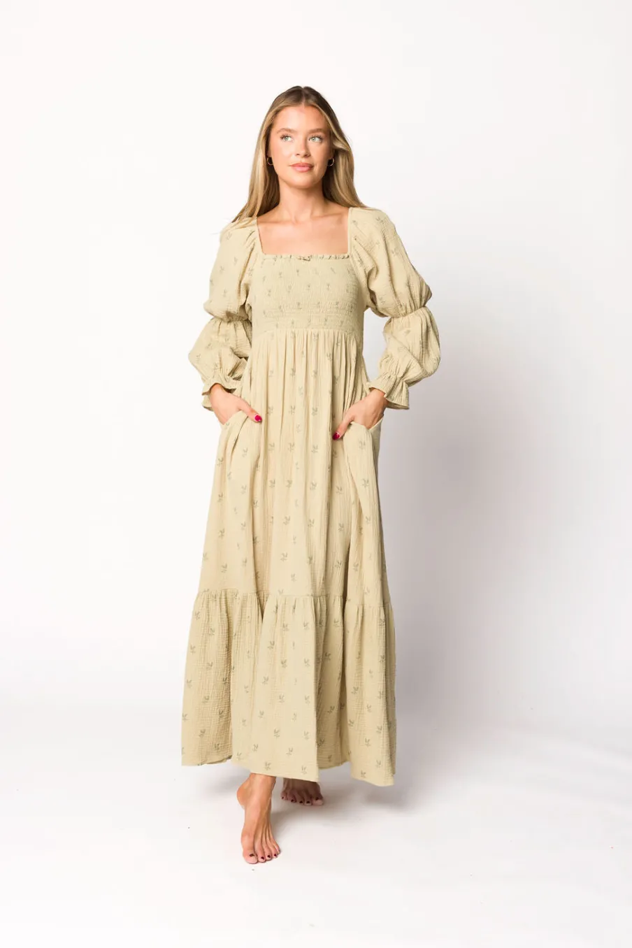 Sale Worth Collective Emerson 100% Cotton Gauze Maxi Dress in Thyme - Bump Friendly