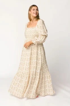Best Worth Collective Emerson 100% Cotton Gauze Maxi Dress in Natural/Tan Floral - Bump Frie