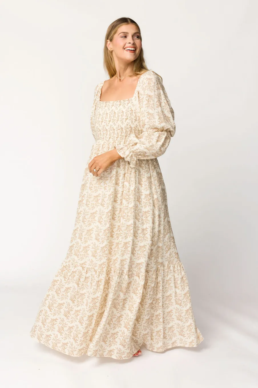Best Worth Collective Emerson 100% Cotton Gauze Maxi Dress in Natural/Tan Floral - Bump Frie