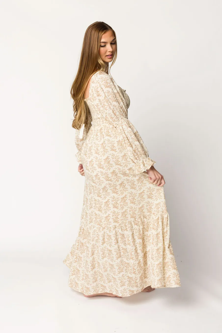 Best Worth Collective Emerson 100% Cotton Gauze Maxi Dress in Natural/Tan Floral - Bump Frie