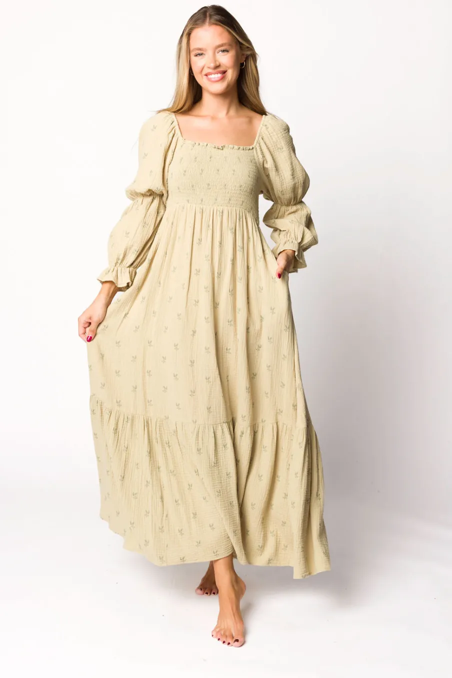 Sale Worth Collective Emerson 100% Cotton Gauze Maxi Dress in Thyme - Bump Friendly