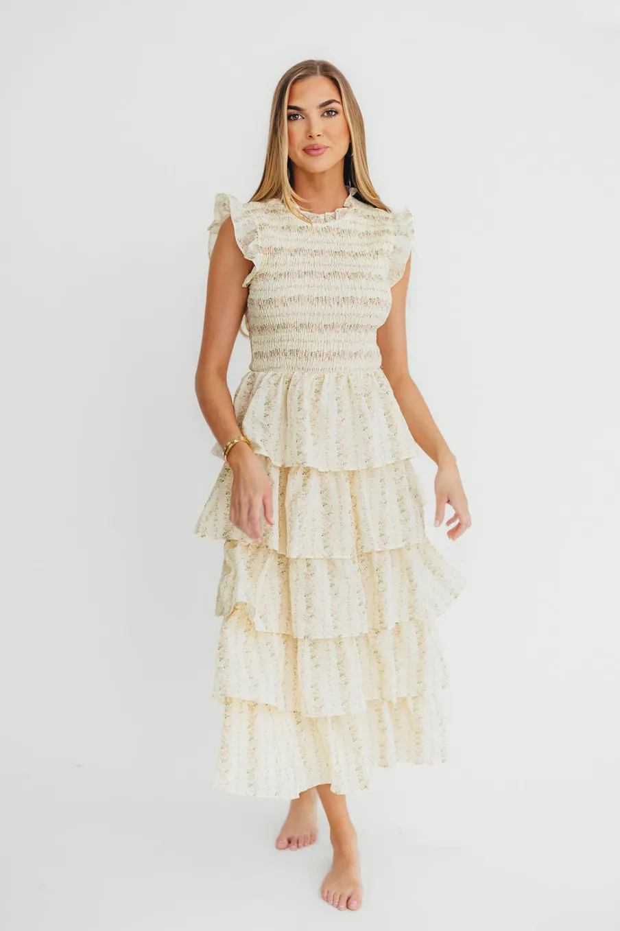 Outlet Worth Collective Emery Ruffled Midi Dress in Pink Floral