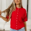 Fashion Worth Collective Emeryn 100% Cotton Short Sleeve Knit Cardigan in Red