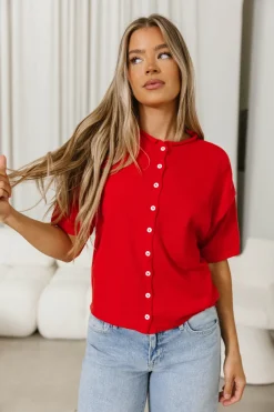 Fashion Worth Collective Emeryn 100% Cotton Short Sleeve Knit Cardigan in Red