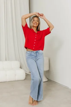 Fashion Worth Collective Emeryn 100% Cotton Short Sleeve Knit Cardigan in Red
