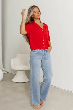 Fashion Worth Collective Emeryn 100% Cotton Short Sleeve Knit Cardigan in Red