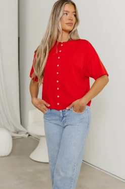 Fashion Worth Collective Emeryn 100% Cotton Short Sleeve Knit Cardigan in Red