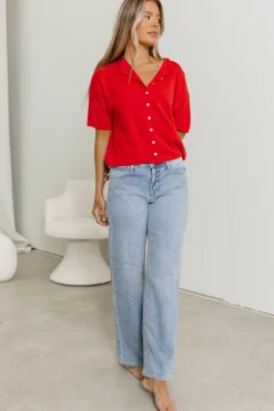 Fashion Worth Collective Emeryn 100% Cotton Short Sleeve Knit Cardigan in Red