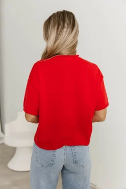 Fashion Worth Collective Emeryn 100% Cotton Short Sleeve Knit Cardigan in Red