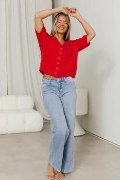 Fashion Worth Collective Emeryn 100% Cotton Short Sleeve Knit Cardigan in Red