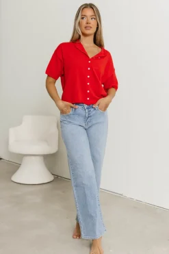 Fashion Worth Collective Emeryn 100% Cotton Short Sleeve Knit Cardigan in Red